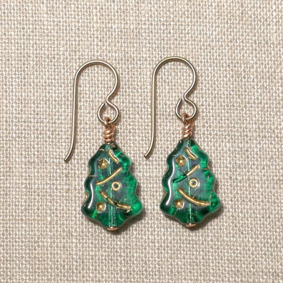 Hand Crafted Handmade Czech Glass Green Christmas Tree Earrings - Picture 1 of 5